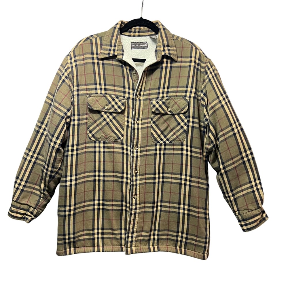 David Taylor Sherpa Lined Flannel Shirt Jacket Plaid Shacket‎ Beige Navy Red M
